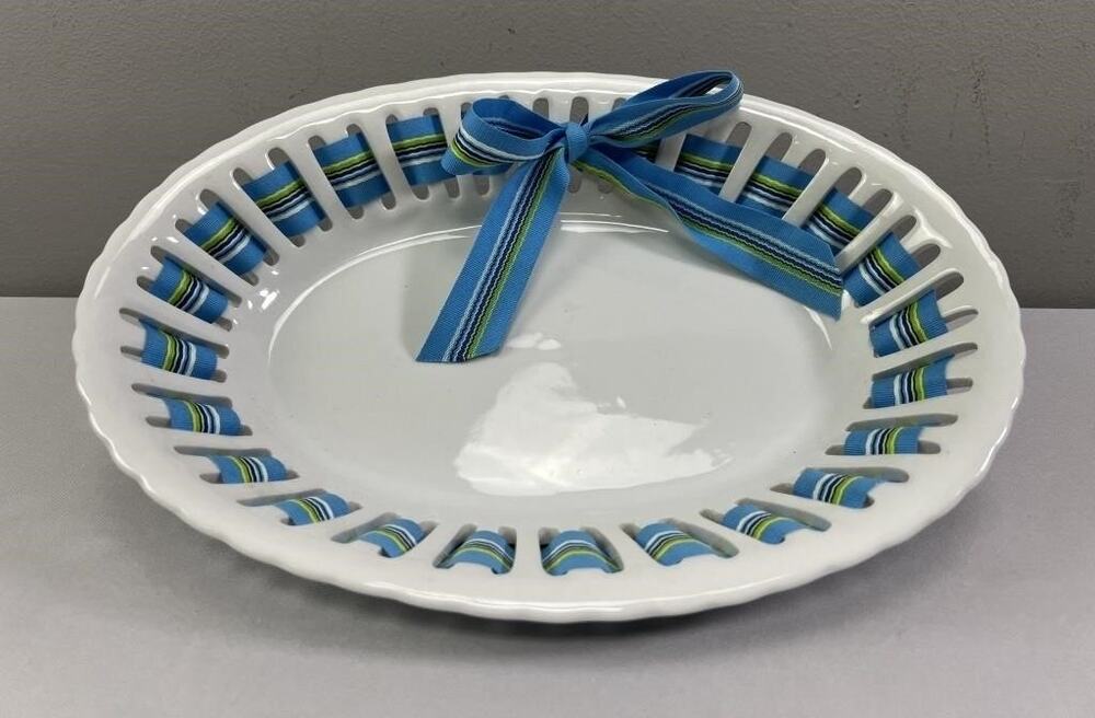 Godinger Antique Reflections Porcelain Ribbon Bowl Oval 12" Blue Strip